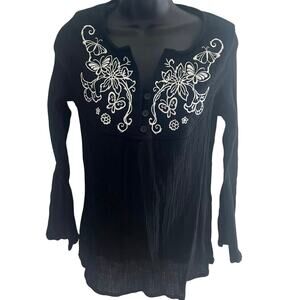 Boho Embroidered Blouse Small Crinkle Cotton Butterfly Floral‎ Top Peasant Style